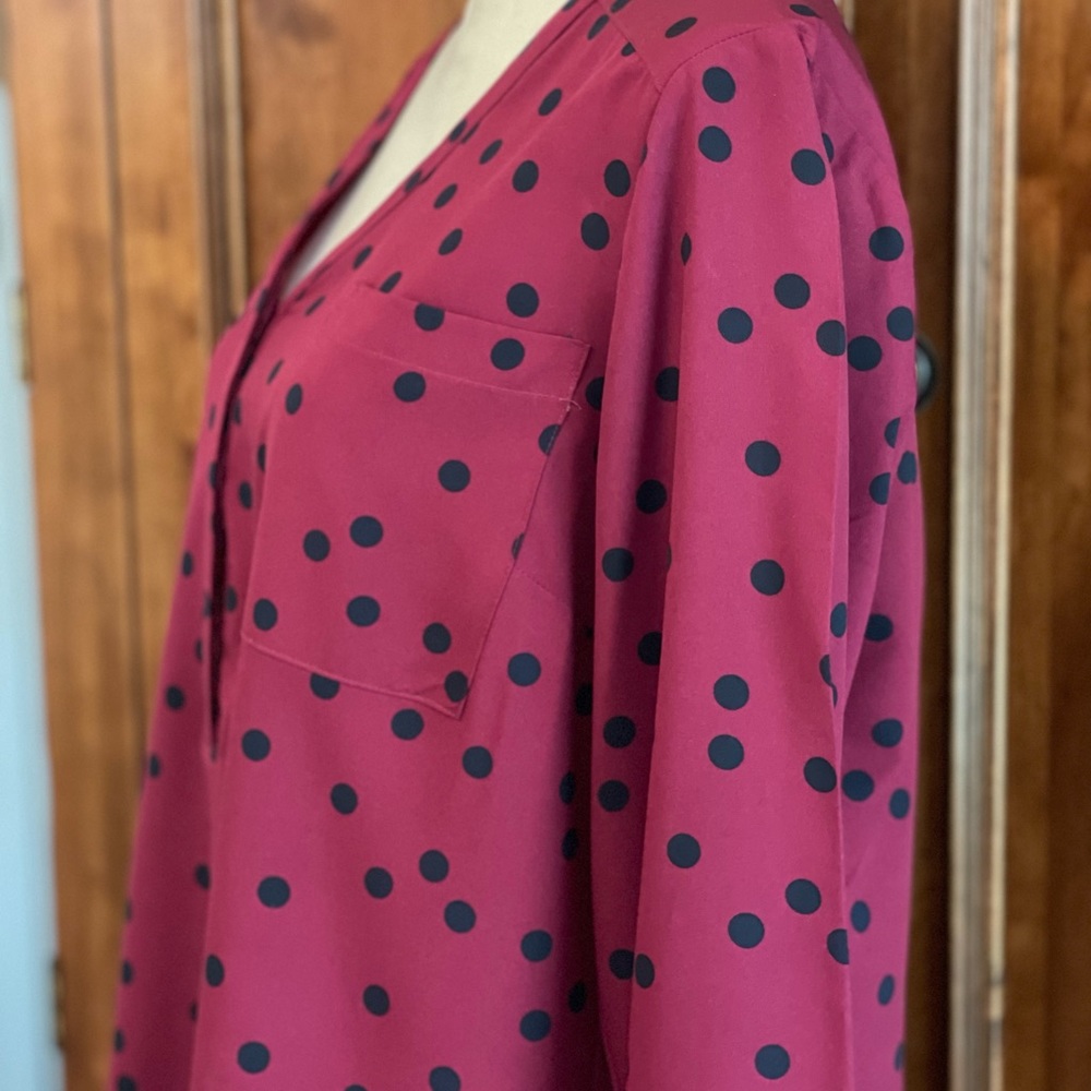 Merlot / Burgundy / Berry Polka-A-Dot Blouse, Long Sleeve Size L
